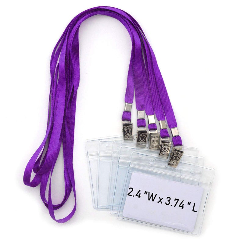 Bird Fiy Lanyards with id Holder Name Badges 50 Pcs Waterproof Type Clear Plastic Horizontal Name Tag Badge Id Card and 50 Pcs Lanyard (Purple) - Image 1